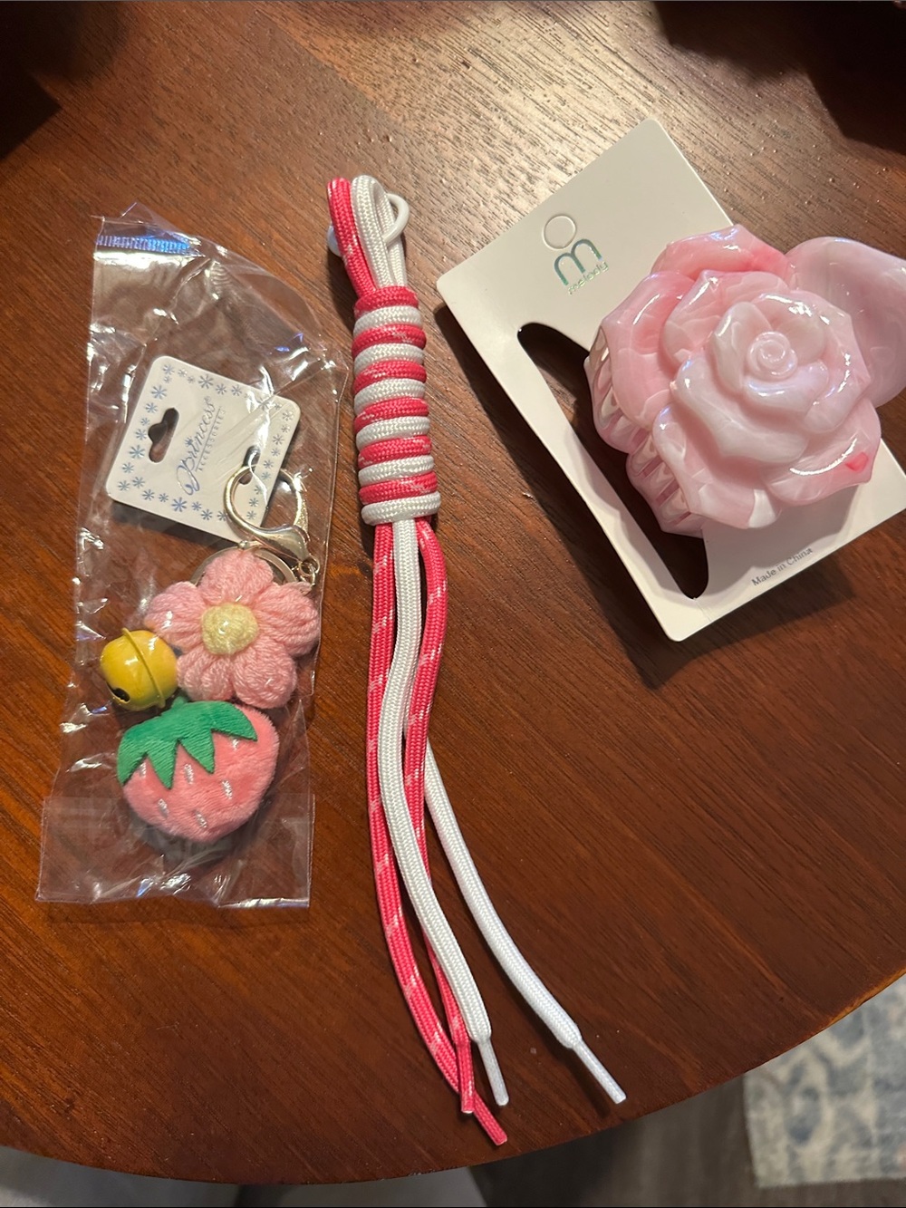 Pink Flower & Strawberry Charm Keychain with Pink Rose Hair Clip